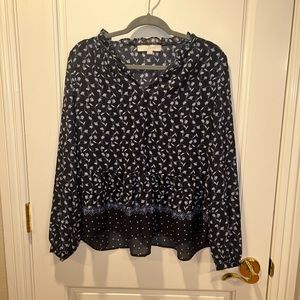LOFT Blue and White Floral Print Long Sleeve Blouse Size Medium